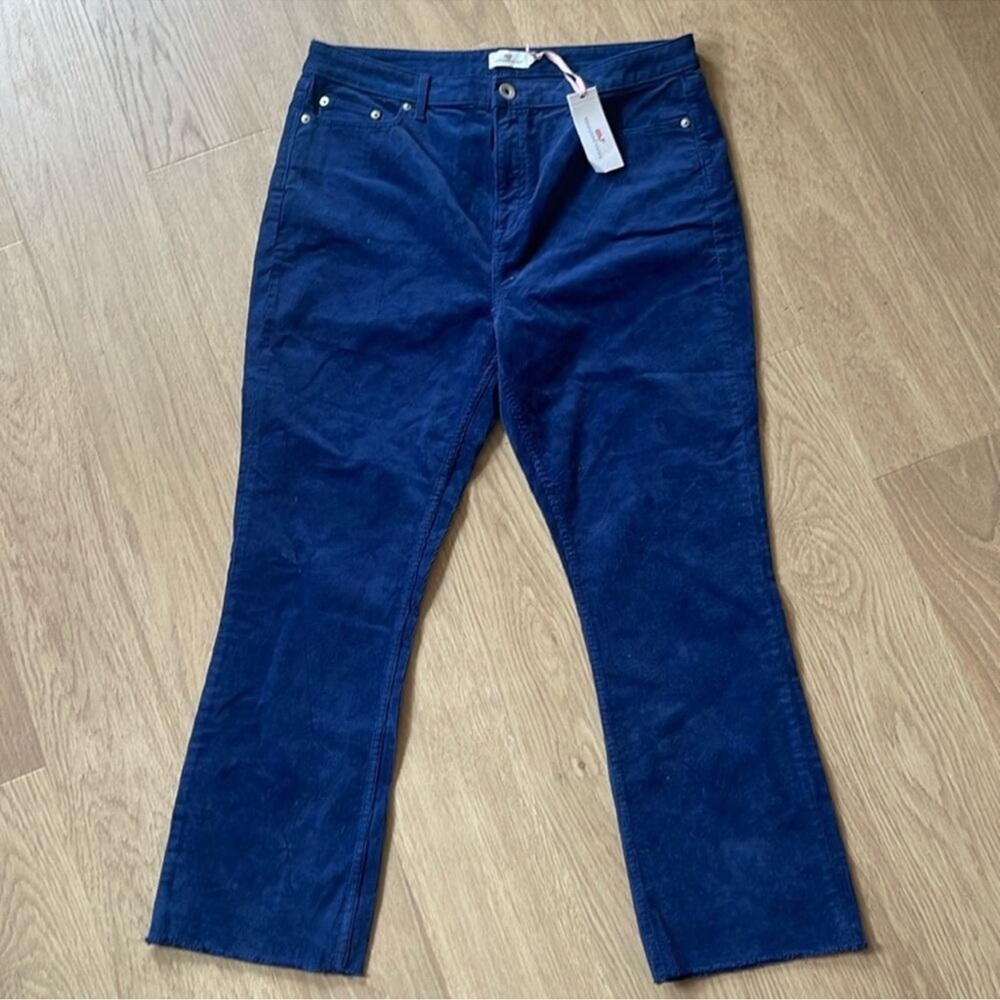 VINEYARD VINES High Rise Kick Flare Corduroy Distressed Hem Navy Pants Sz 33 16